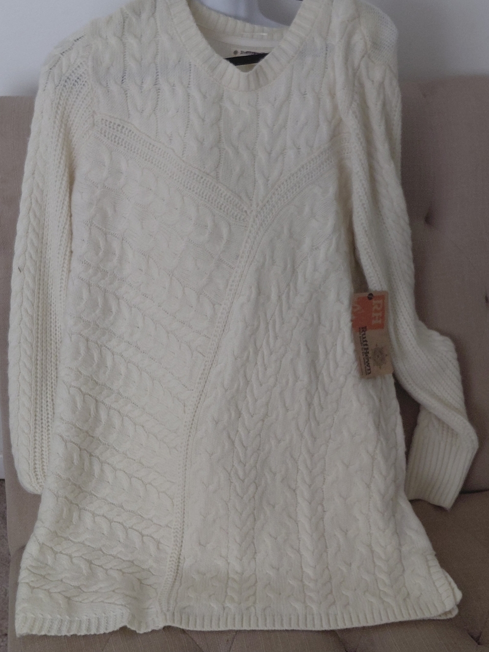 Ruff Hewn Cream Cable-Knit Scoop Neck Sweater
